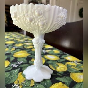 Fenton Milk Glass Embossed Rose Pattern Compote Candy Dish 7 3/4” High Original